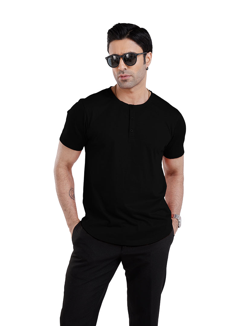 Men’S Short Sleeve Drop Cut Henley Neck T-Shirt - Black