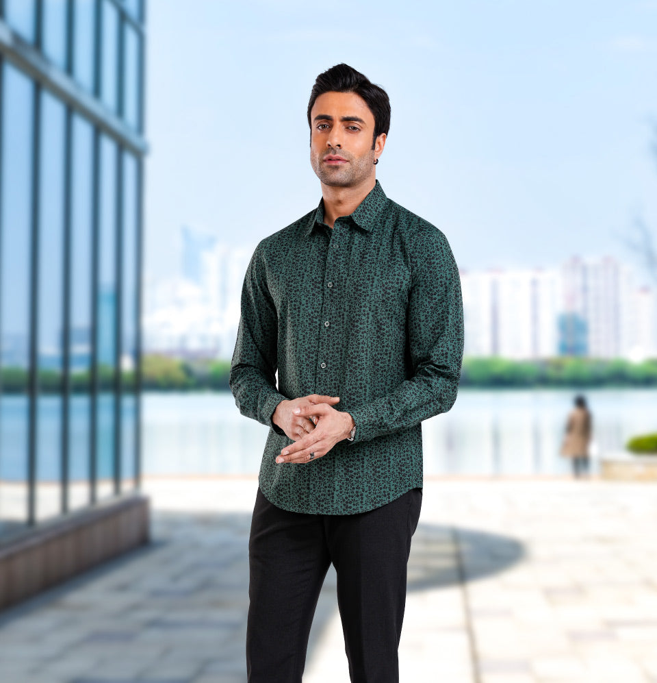 Active Fit Men's Shirt with Florals Pattern - Full Sleeves - Green