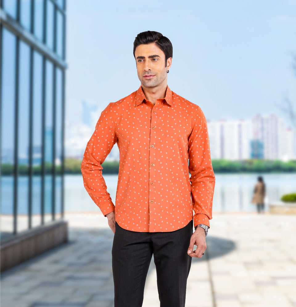 Active Fit Men's Shirt with Spiral Pattern - Full Sleeves - Rust Orange