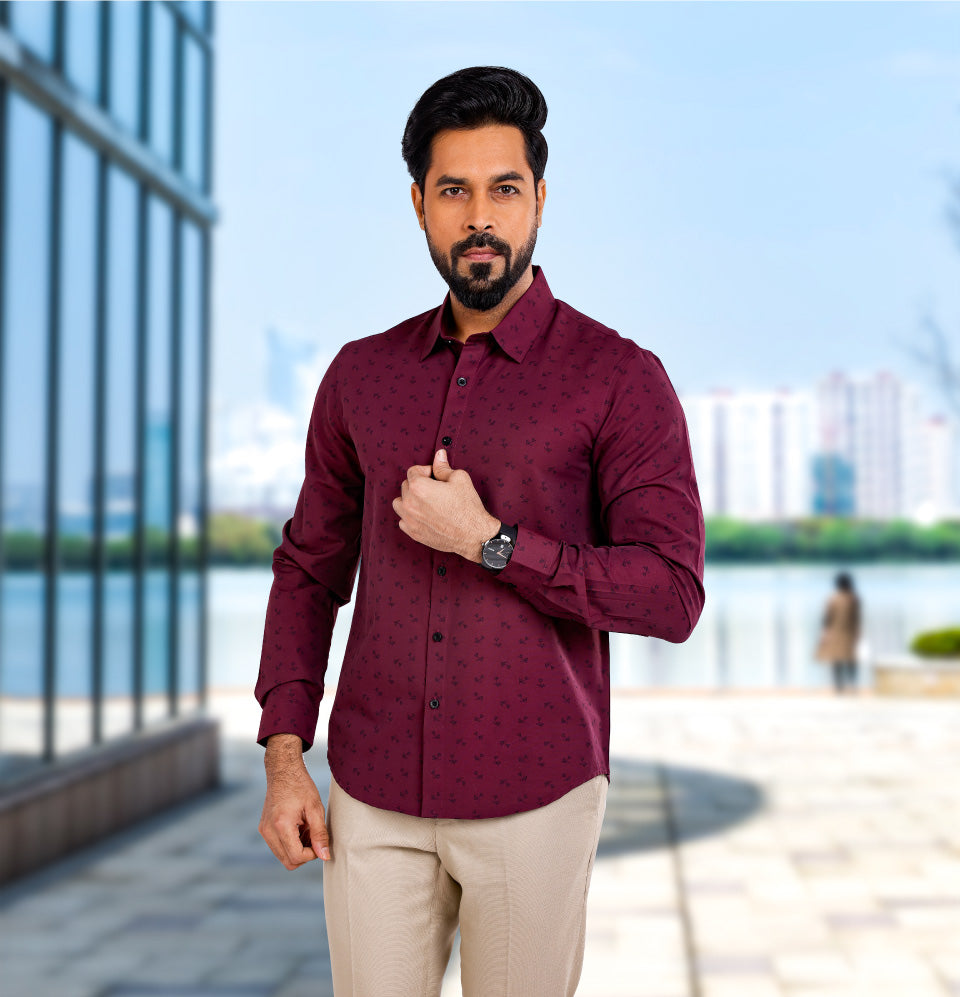 Active Fit Men's Shirt with Dandelions Pattern - Full Sleeves - Wine