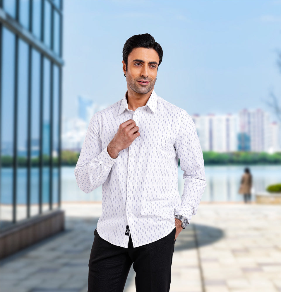 Active Fit Men's Shirt with Minimal Pattern - Full Sleeves - White