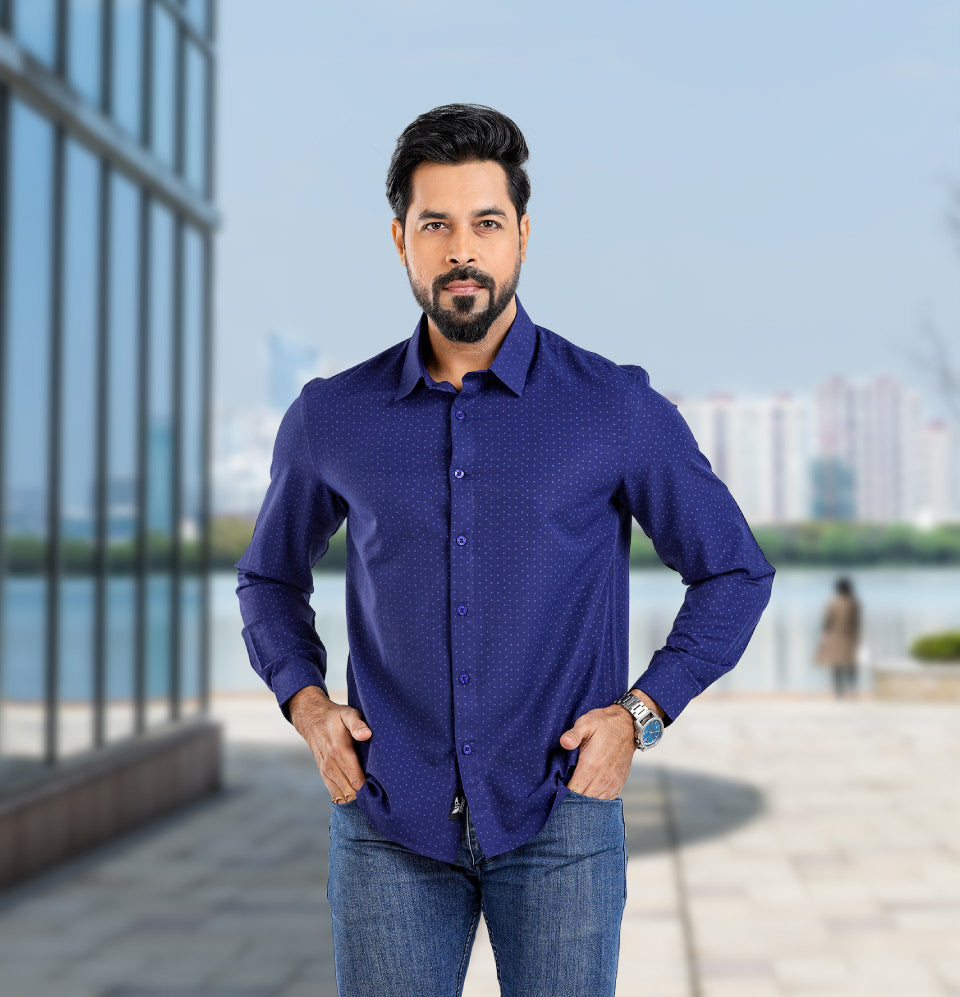 Active Fit Men's Shirt with Rhombus Pattern - Full Sleeves - Royal Blue