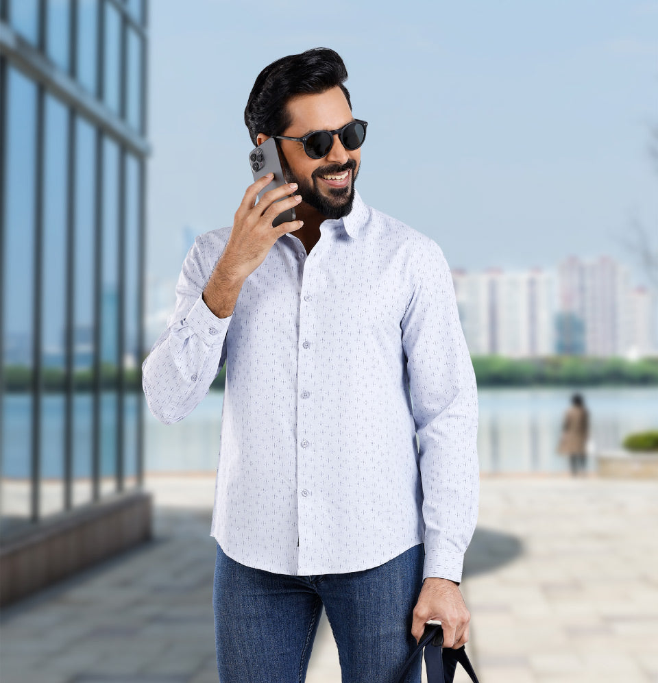 Active Fit Men's Shirt with Diamonds Pattern - Full Sleeves - Ice Blue