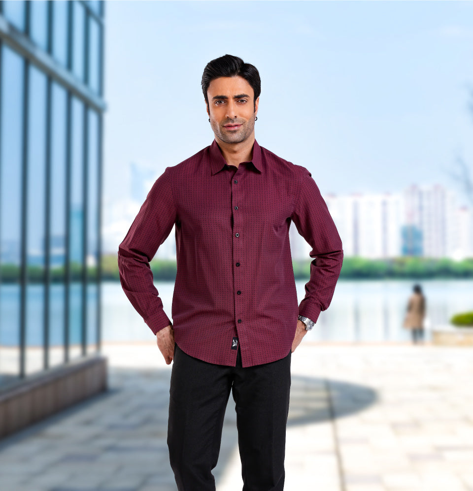 Active Fit Men's Shirt with Kettle Pattern - Full Sleeves - Wine