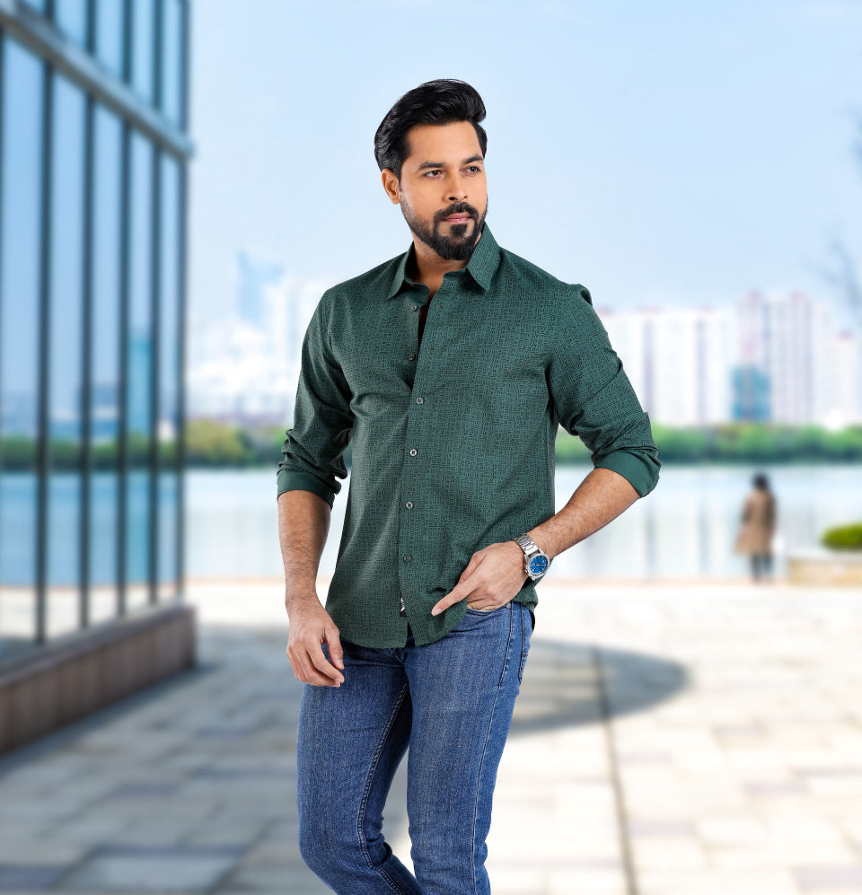 Active Fit Men's Shirt with All Maths Pattern - Full Sleeves - Green