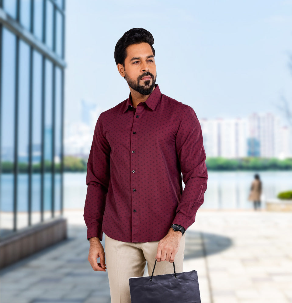 Active Fit Men's Shirt with Birdy Pattern - Full Sleeves - Wine