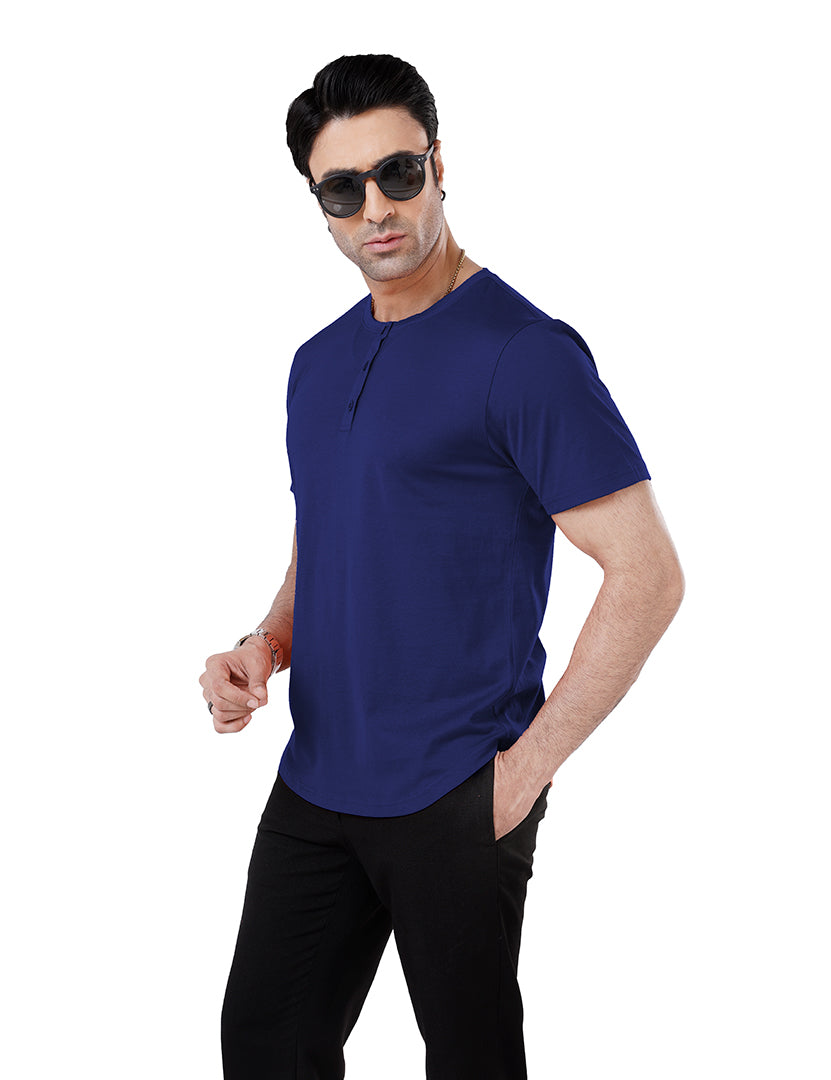 Men’S Short Sleeve Drop Cut Henley Neck T-Shirt - Royal-Blue