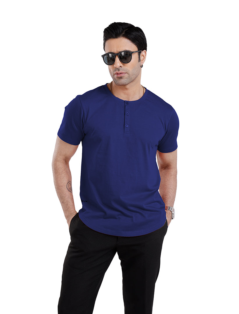 Men’S Short Sleeve Drop Cut Henley Neck T-Shirt - Royal-Blue