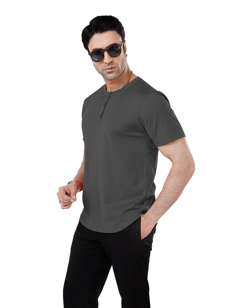 Men’S Short Sleeve Drop Cut Henley Neck T-Shirt - Grey
