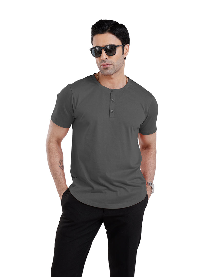 Men’S Short Sleeve Drop Cut Henley Neck T-Shirt - Grey