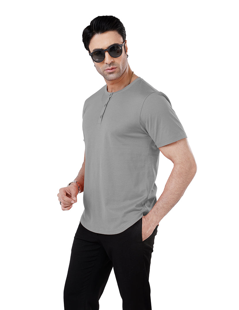 Men’S Short Sleeve Drop Cut Henley Neck T-Shirt - Silver Grey