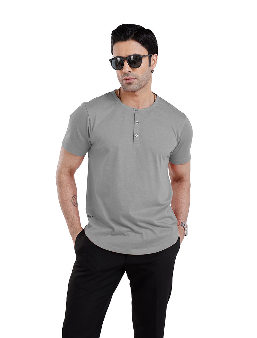 Men’S Short Sleeve Drop Cut Henley Neck T-Shirt - Silver Grey