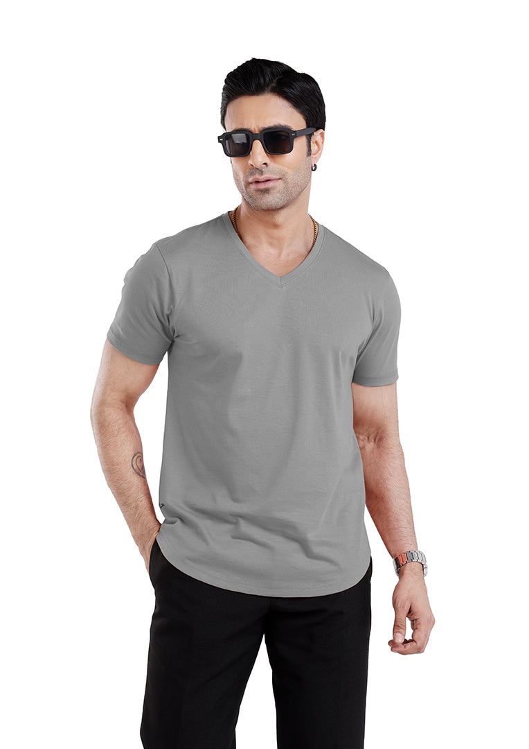Men’S Short Sleeve Drop Cut V-Neck T-Shirt-Silver-Grey