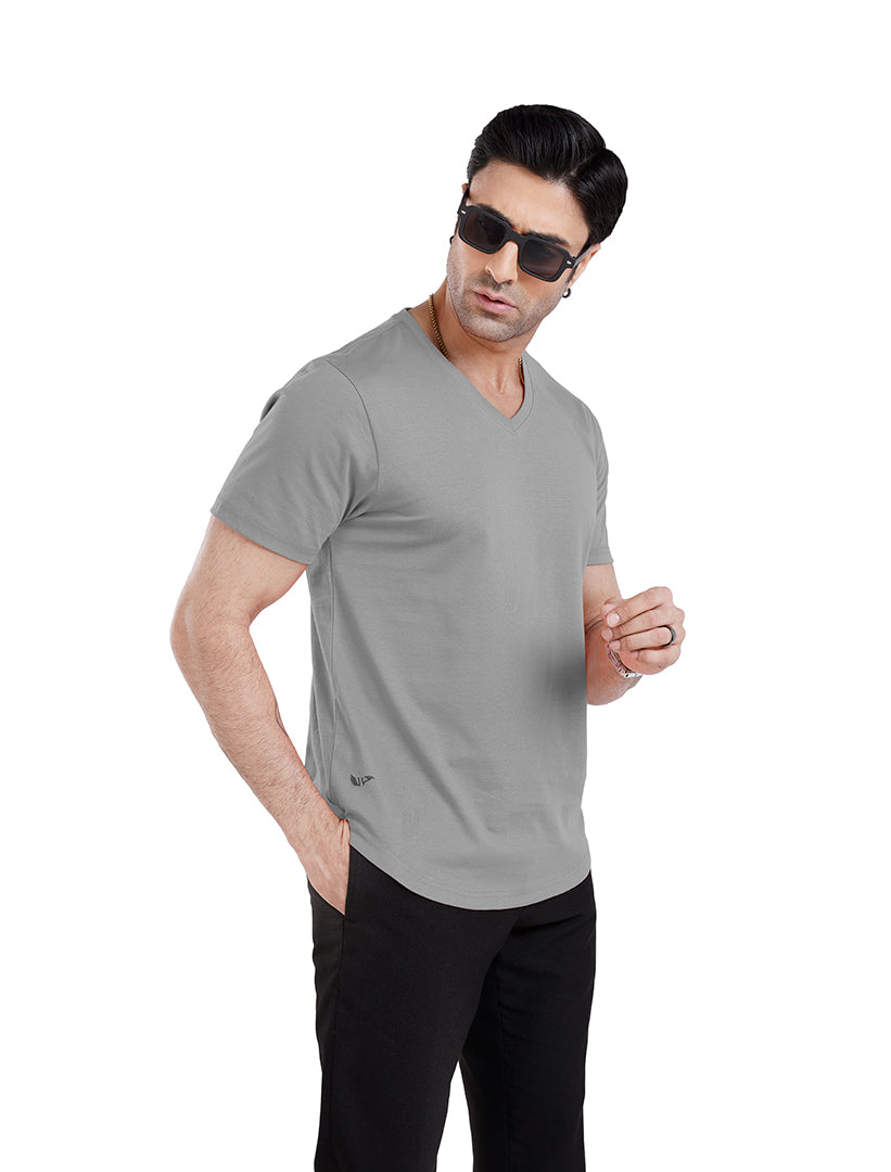 Men’S Short Sleeve Drop Cut V-Neck T-Shirt-Silver-Grey
