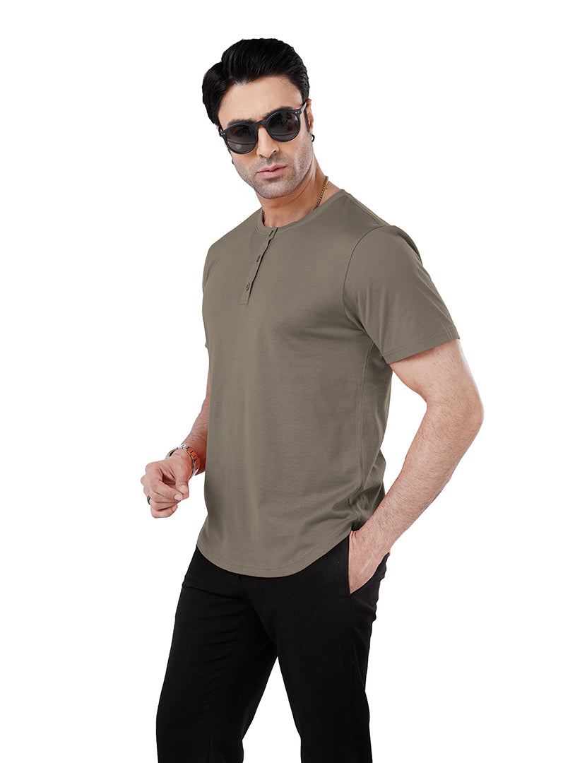 Men’S Short Sleeve Drop Cut Henley Neck T-Shirt - Khaki