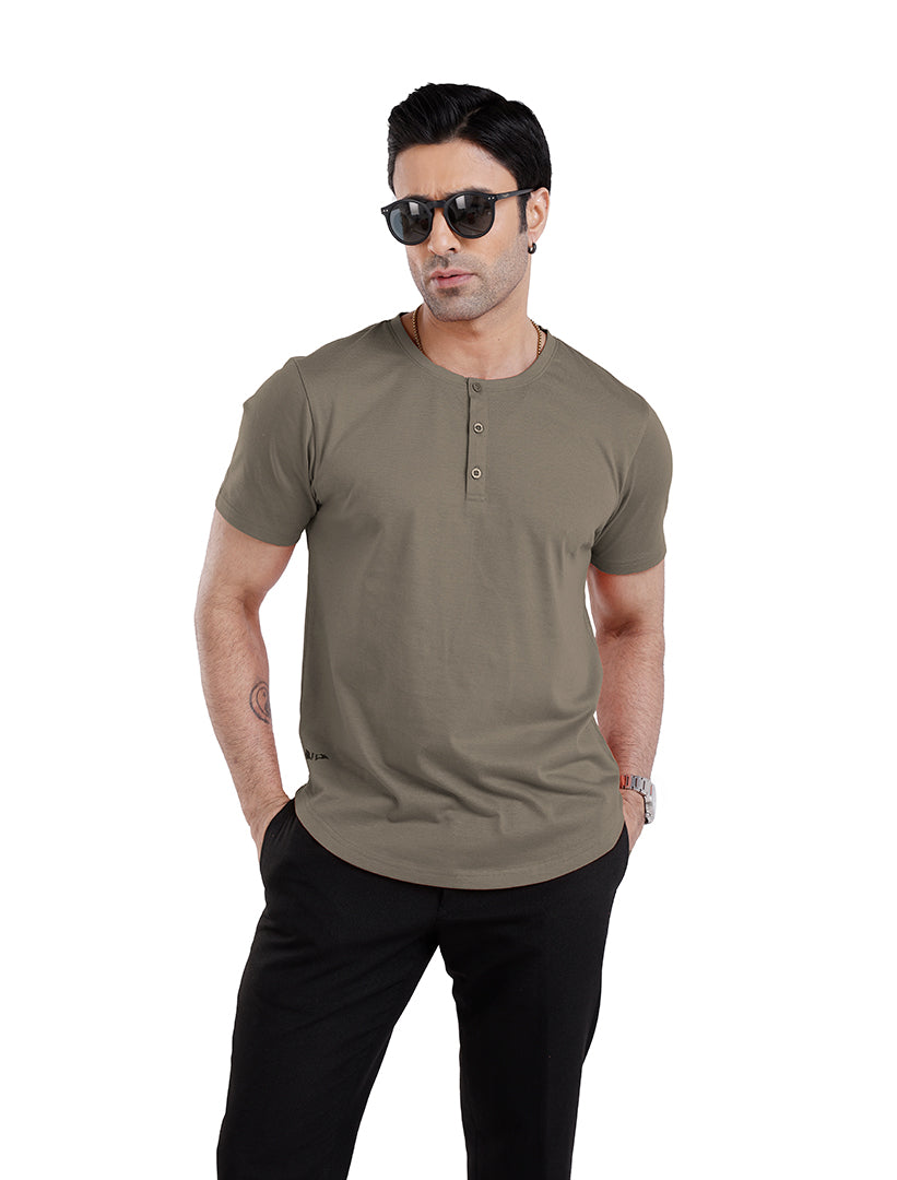Men’S Short Sleeve Drop Cut Henley Neck T-Shirt - Khaki