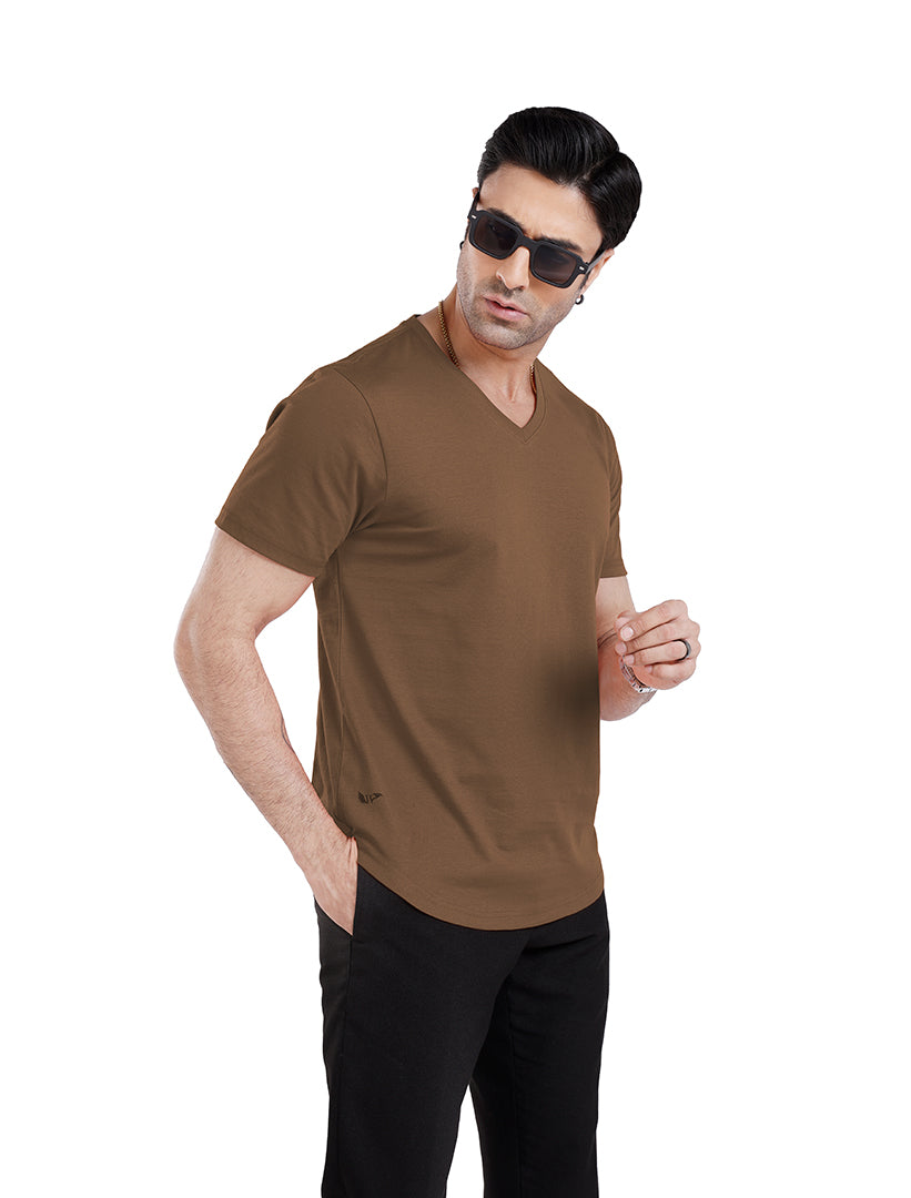 Men’S Short Sleeve Drop Cut V-Neck T-Shirt - Brown