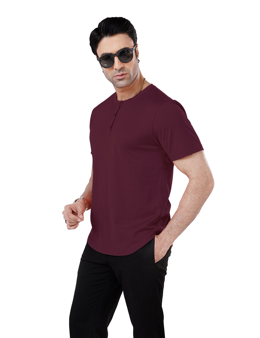 Men’S Short Sleeve Drop Cut Henley Neck T-Shirt - Maroon