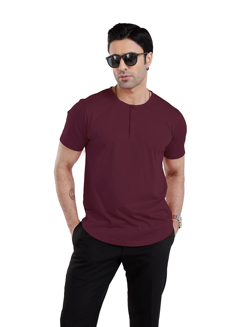 Men’S Short Sleeve Drop Cut Henley Neck T-Shirt - Maroon