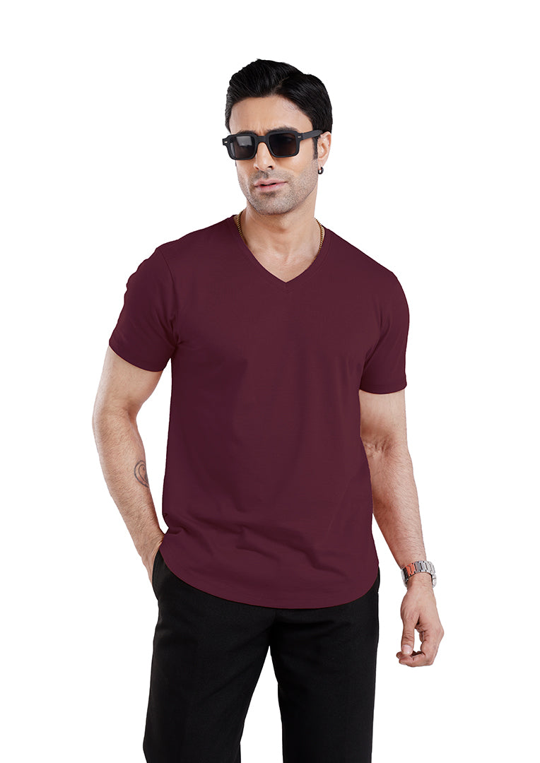 Men’S Short Sleeve Drop Cut V-Neck T-Shirt-Maroon
