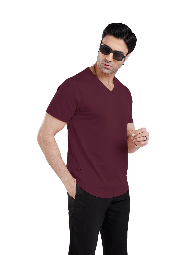 Men’S Short Sleeve Drop Cut V-Neck T-Shirt-Maroon