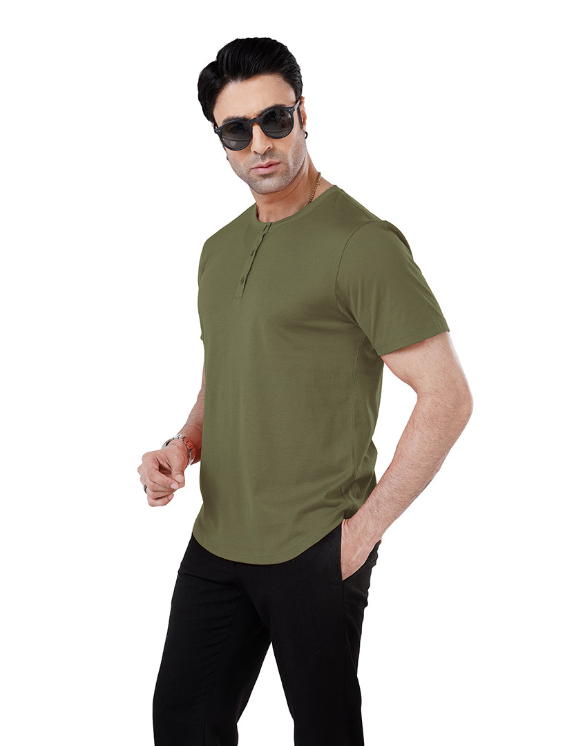 Men’S Short Sleeve Drop Cut Henley Neck T-Shirt - Olive