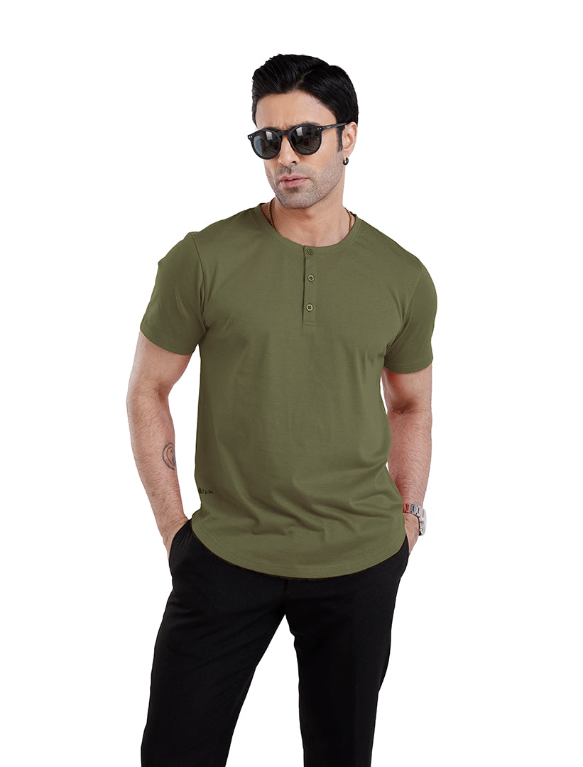 Men’S Short Sleeve Drop Cut Henley Neck T-Shirt - Olive