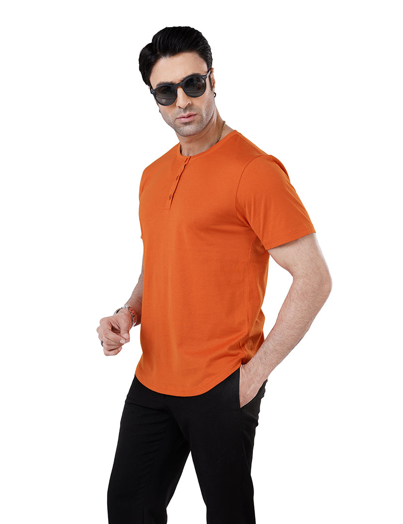 Men’S Short Sleeve Drop Cut Henley Neck T-Shirt - Rust-Orange