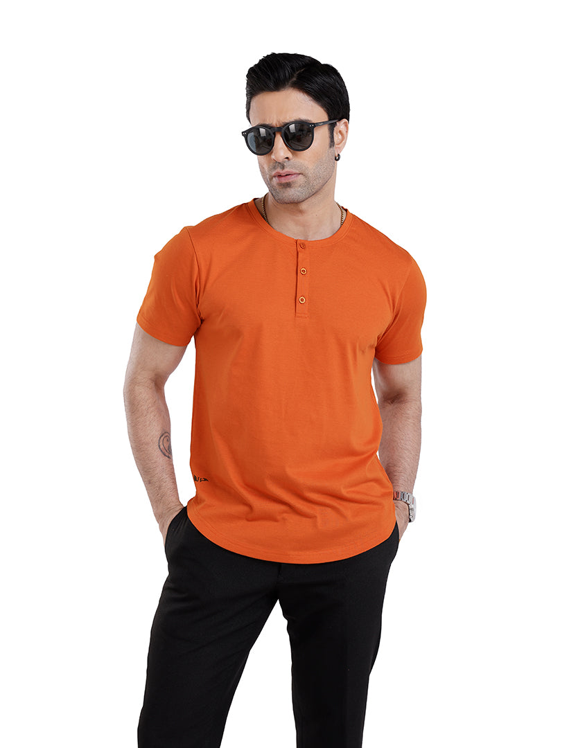 Men’S Short Sleeve Drop Cut Henley Neck T-Shirt - Rust-Orange