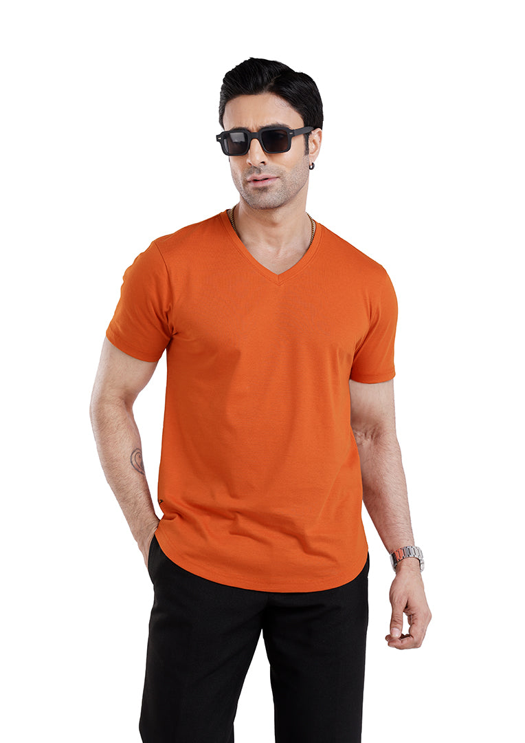 Men’S Short Sleeve Drop Cut V-Neck T-Shirt-Rust-Orange