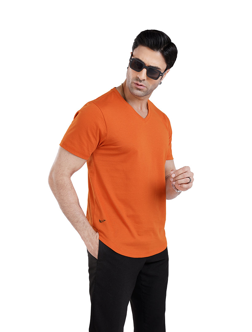 Men’S Short Sleeve Drop Cut V-Neck T-Shirt-Rust-Orange