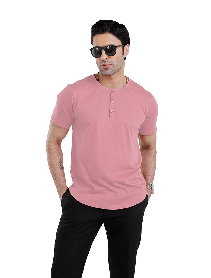 Men’S Short Sleeve Drop Cut Henley Neck T-Shirt - Dusty-Rose