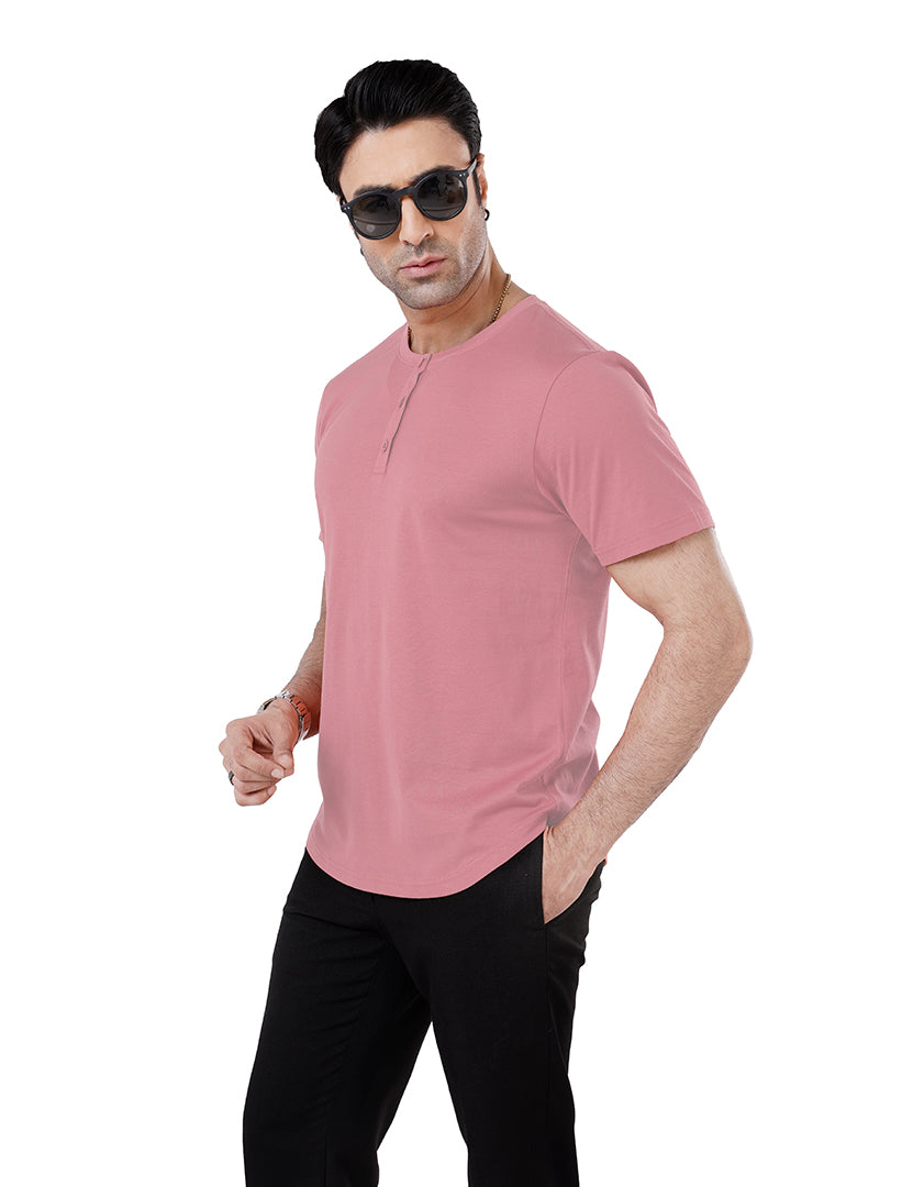 Men’S Short Sleeve Drop Cut Henley Neck T-Shirt - Dusty-Rose