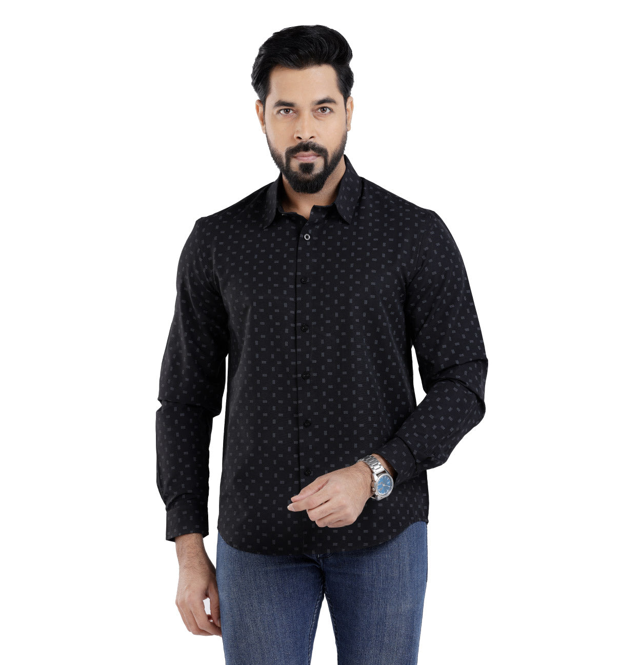 Active Fit Men's Shirt with Waves Pattern - Full Sleeves - Black