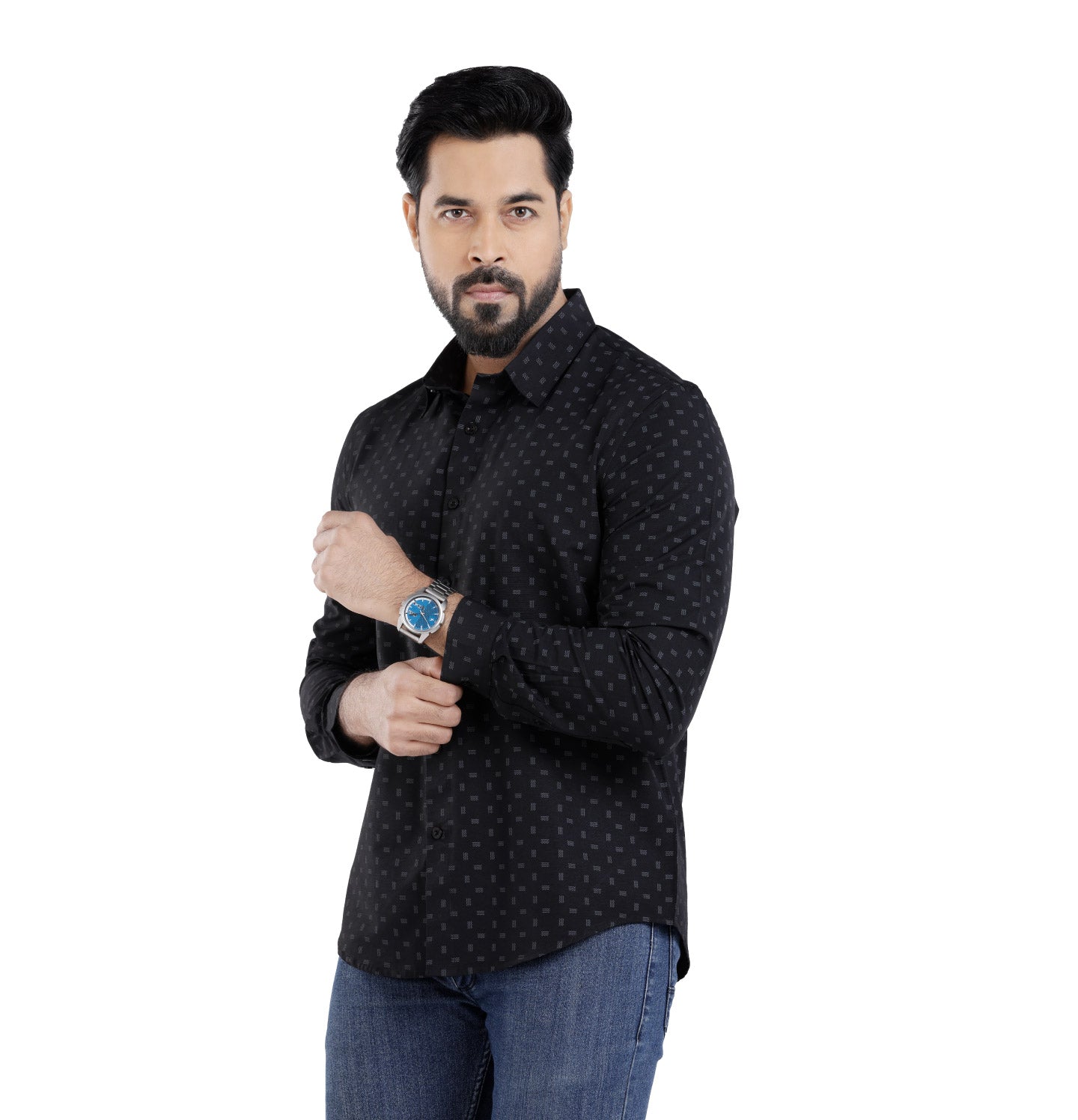 Active Fit Men's Shirt with Waves Pattern - Full Sleeves - Black