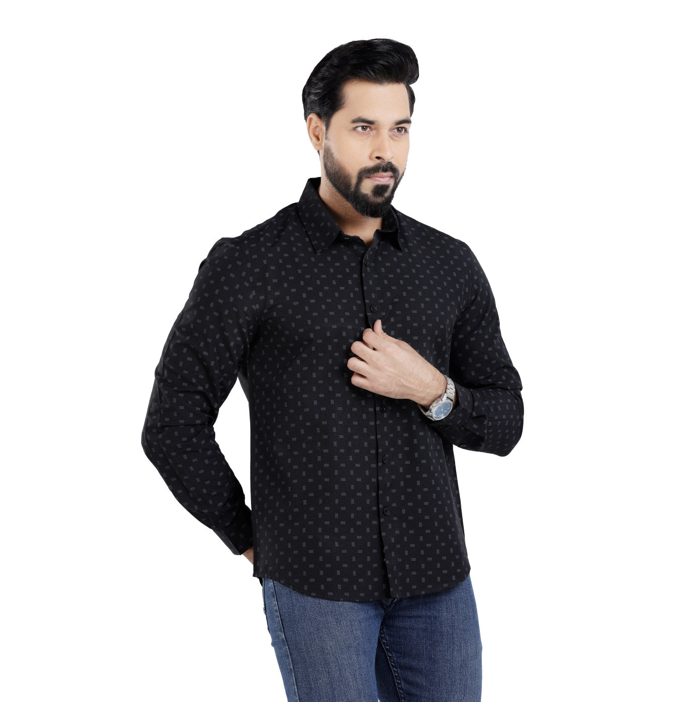 Active Fit Men's Shirt with Waves Pattern - Full Sleeves - Black