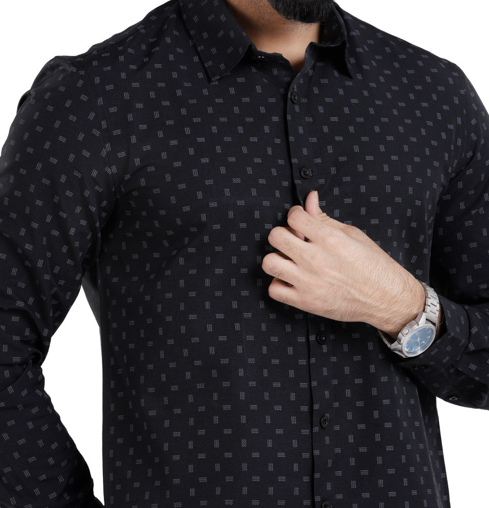 Active Fit Men's Shirt with Waves Pattern - Full Sleeves - Black