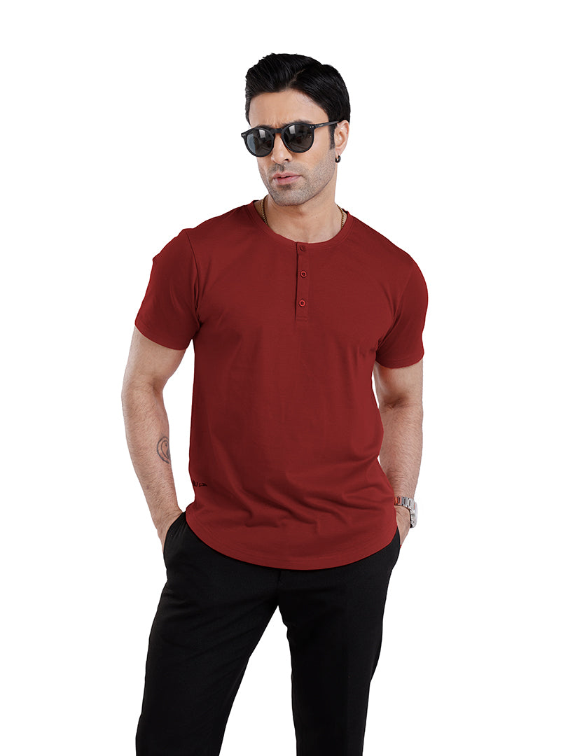 Men’S Short Sleeve Drop Cut Henley Neck T-Shirt - Red