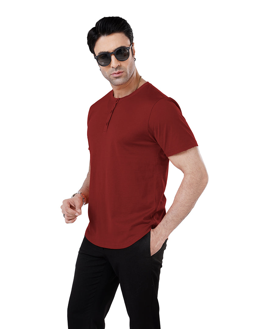 Men’S Short Sleeve Drop Cut Henley Neck T-Shirt - Red