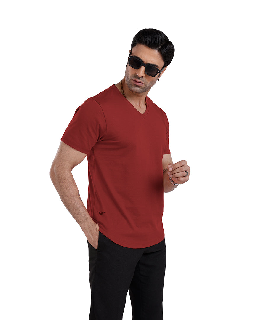 Men’S Short Sleeve Drop Cut V-Neck T-Shirt-Red
