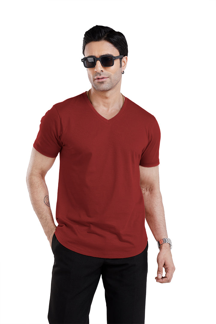 Men’S Short Sleeve Drop Cut V-Neck T-Shirt-Red