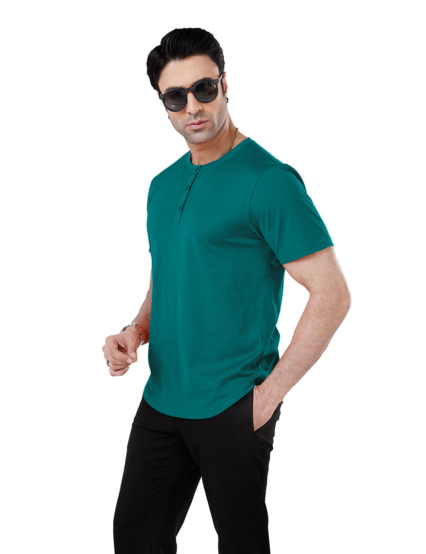 Men’S Short Sleeve Drop Cut Henley Neck T-Shirt - Teal-Blue