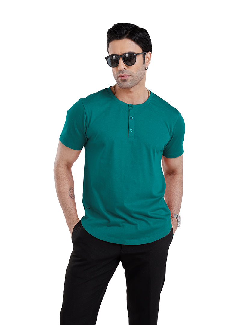 Men’S Short Sleeve Drop Cut Henley Neck T-Shirt - Teal-Blue