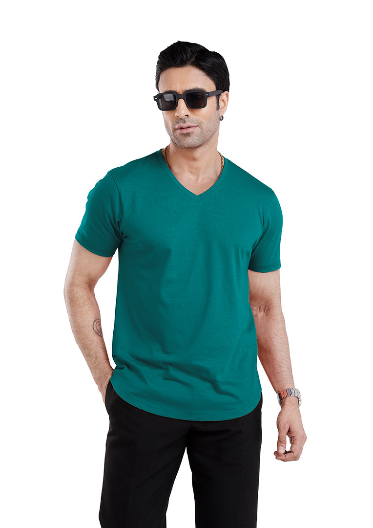Men’S Short Sleeve Drop Cut V-Neck T-Shirt-Teal-Blue