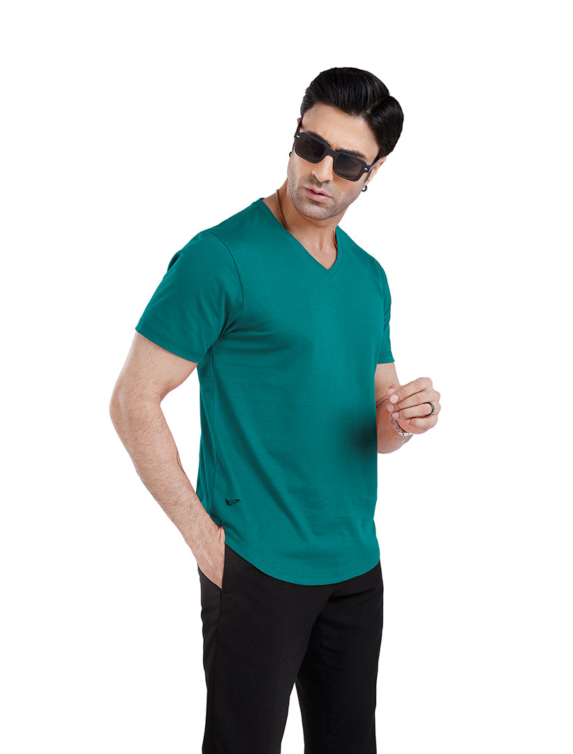 Men’S Short Sleeve Drop Cut V-Neck T-Shirt-Teal-Blue