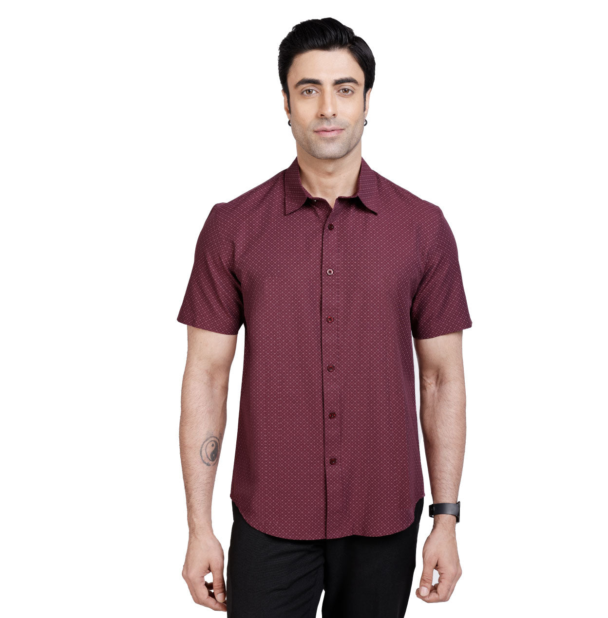 Active Fit Men's Shirt with Classic Pattern - Half Sleeves - Wine