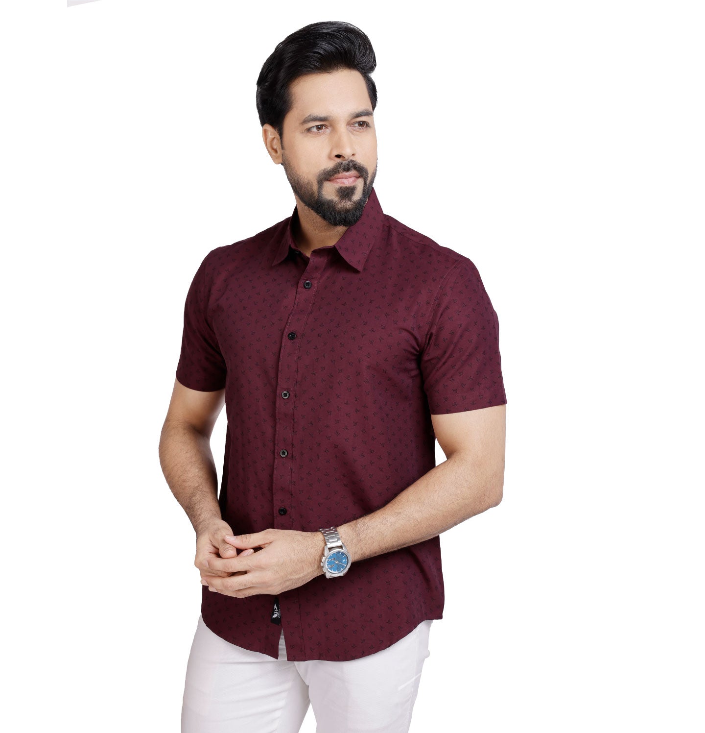 Active Fit Men's Shirt with Birdy Pattern - Half Sleeves - Wine