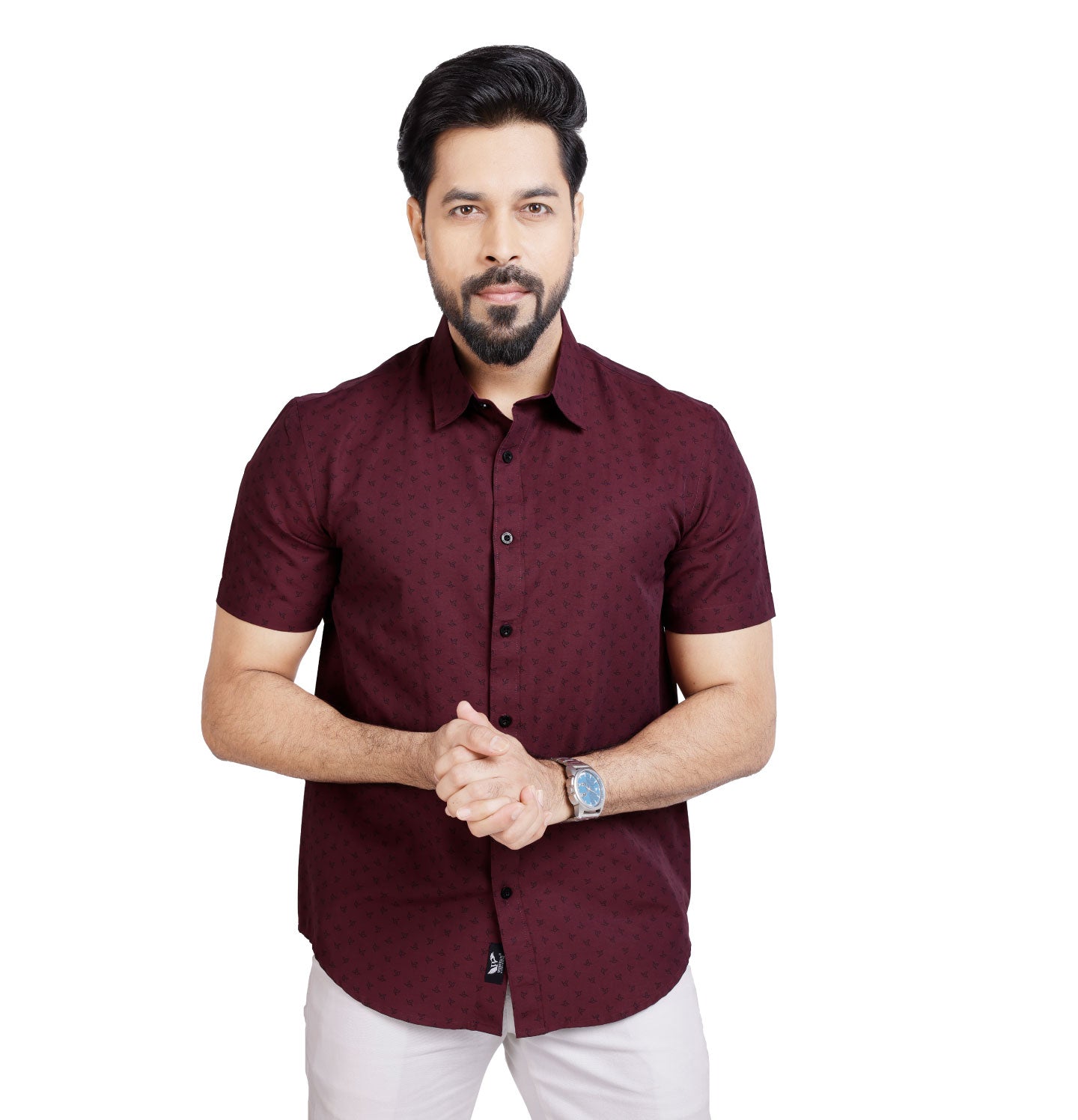 Active Fit Men's Shirt with Birdy Pattern - Half Sleeves - Wine