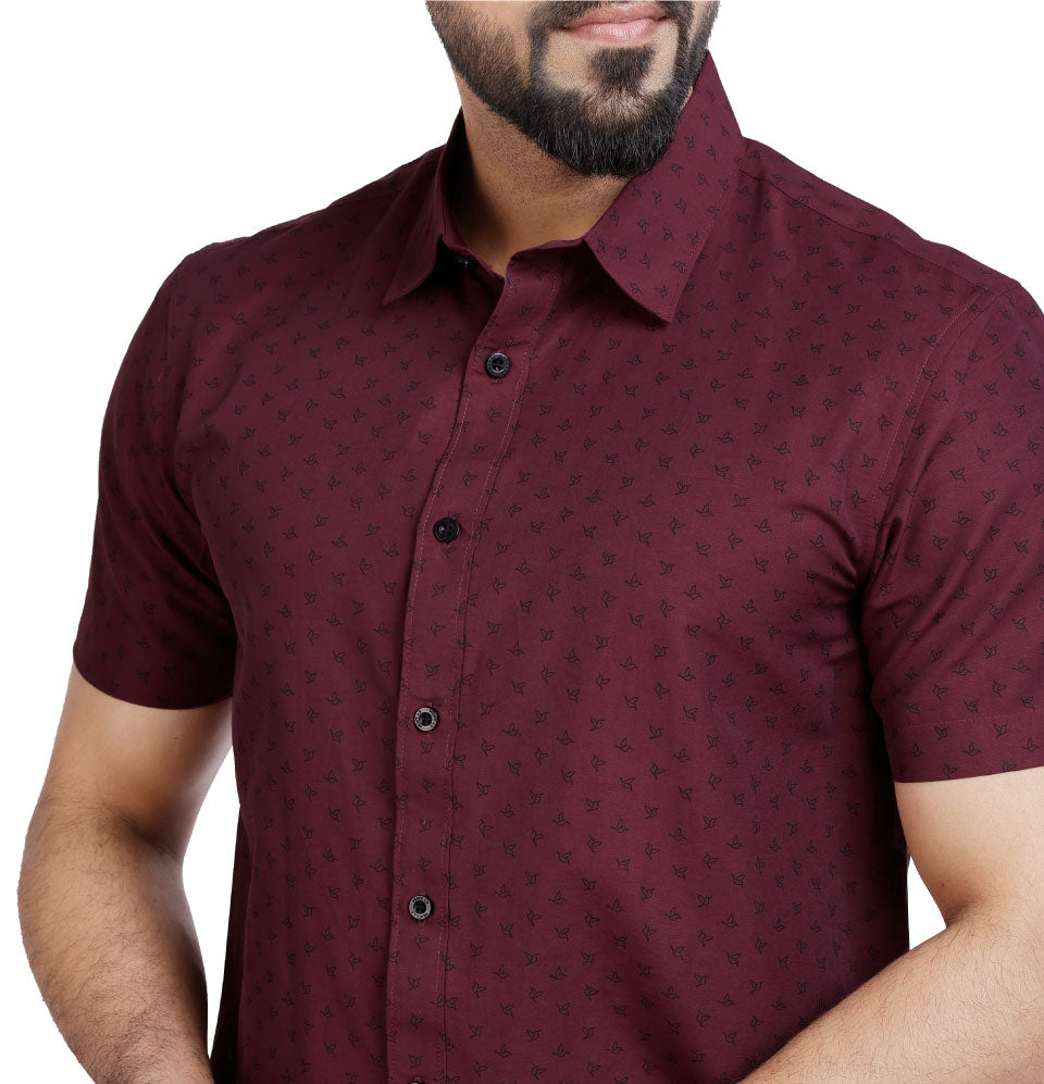 Active Fit Men's Shirt with Birdy Pattern - Half Sleeves - Wine