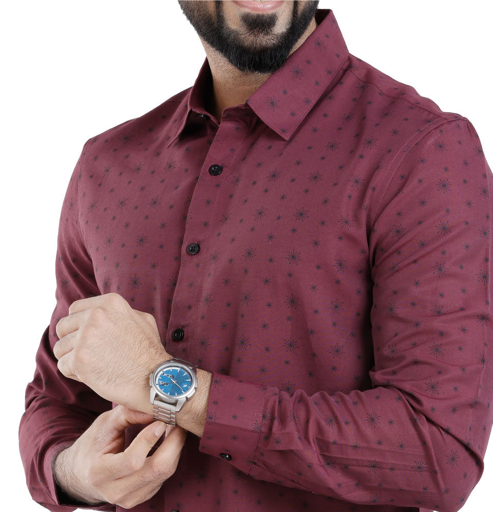 Active Fit Men's Shirt with Crackers Pattern - Full Sleeves - Wine
